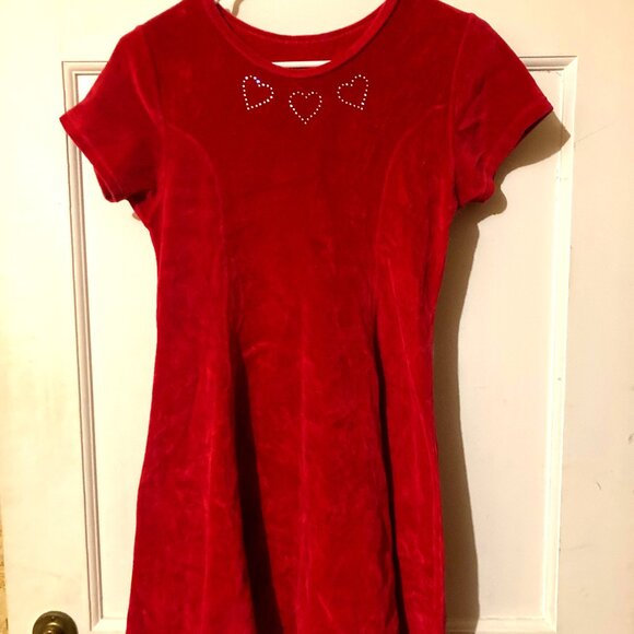 JENNI/JENNIFER MOORE Girls' SSL Red Velour Rhinestone HEARTS Dress ~ Sz 16 - Picture 1 of 1